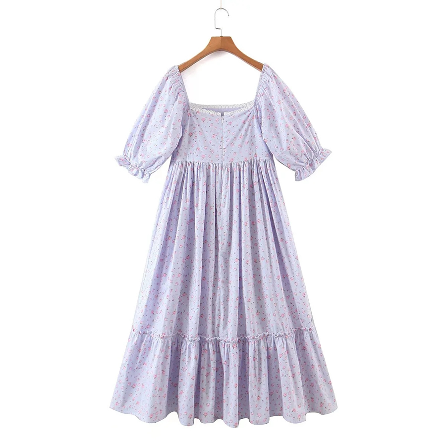 Fashion Purple Cotton Print Square Neck Dress,Long Dress