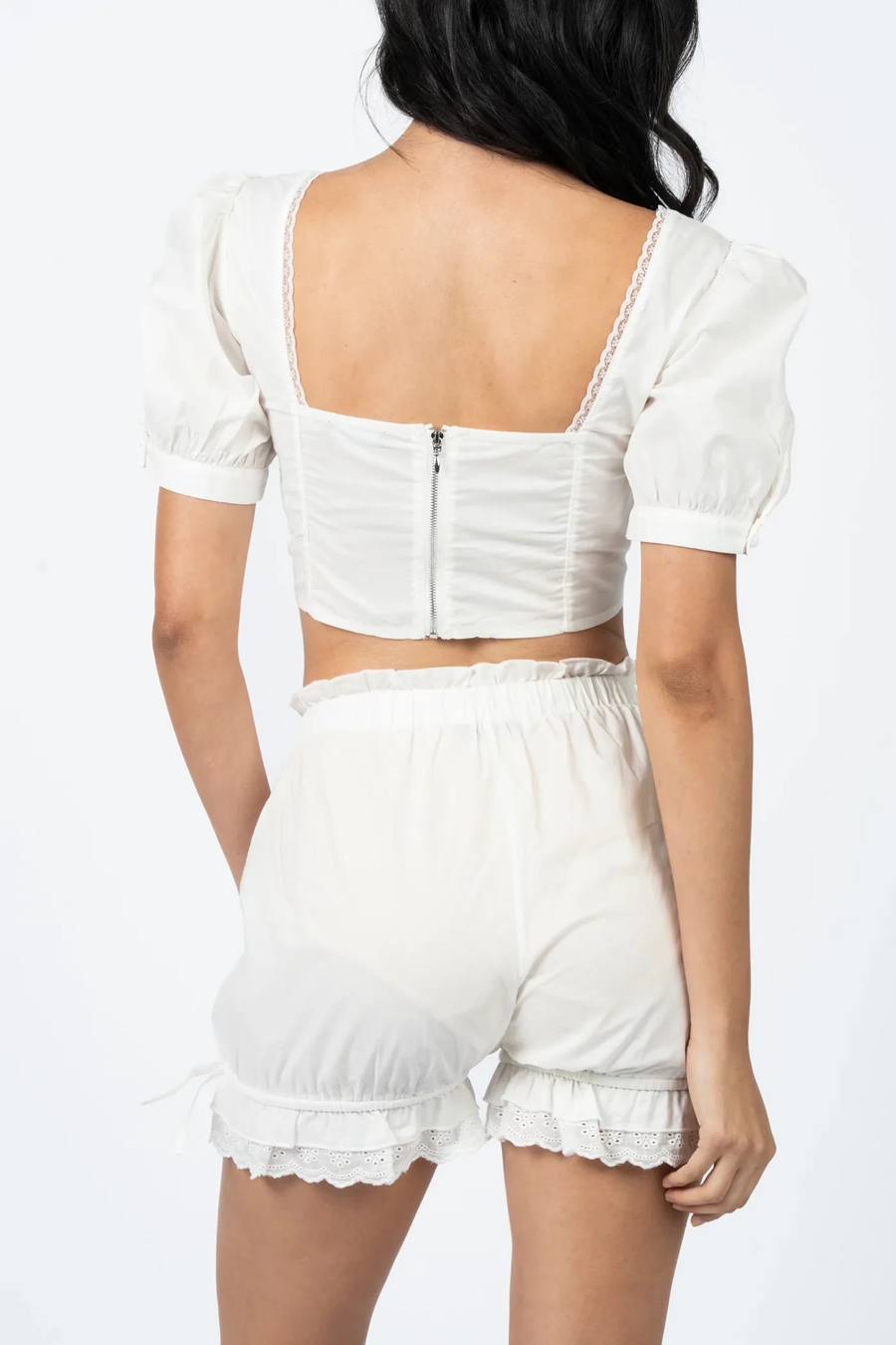 Fashion White Cotton Lace One-shoulder Top Pleated Shorts Set,Tank Tops & Camis