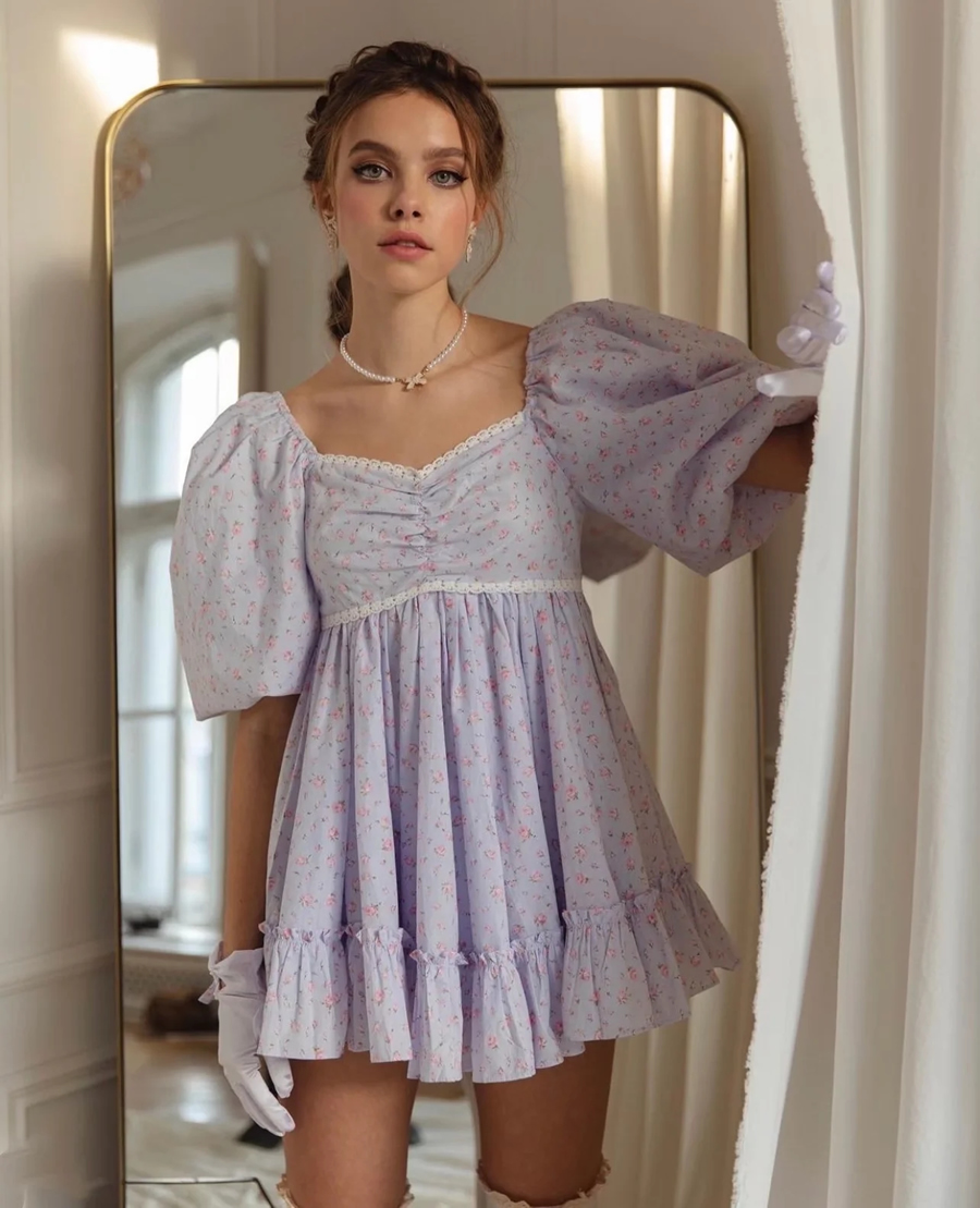 Fashion Purple Flower Cotton Floral Dress,Mini & Short Dresses