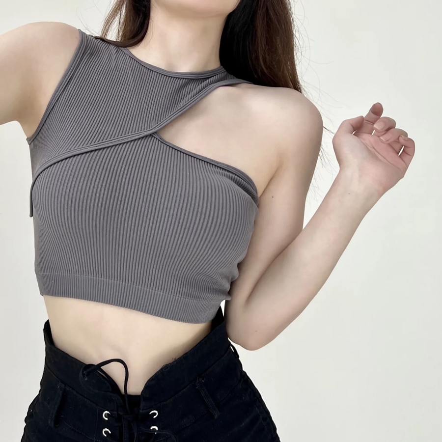 Fashion Armygreen Threaded Cotton One-shoulder Cutout Tank Top,ACTIVEWEAR