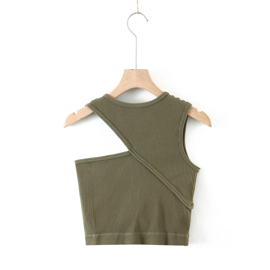 Fashion Khaki Threaded Cotton One-shoulder Cutout Tank Top,ACTIVEWEAR
