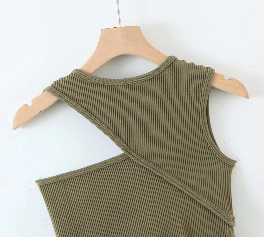 Fashion Khaki Threaded Cotton One-shoulder Cutout Tank Top,ACTIVEWEAR