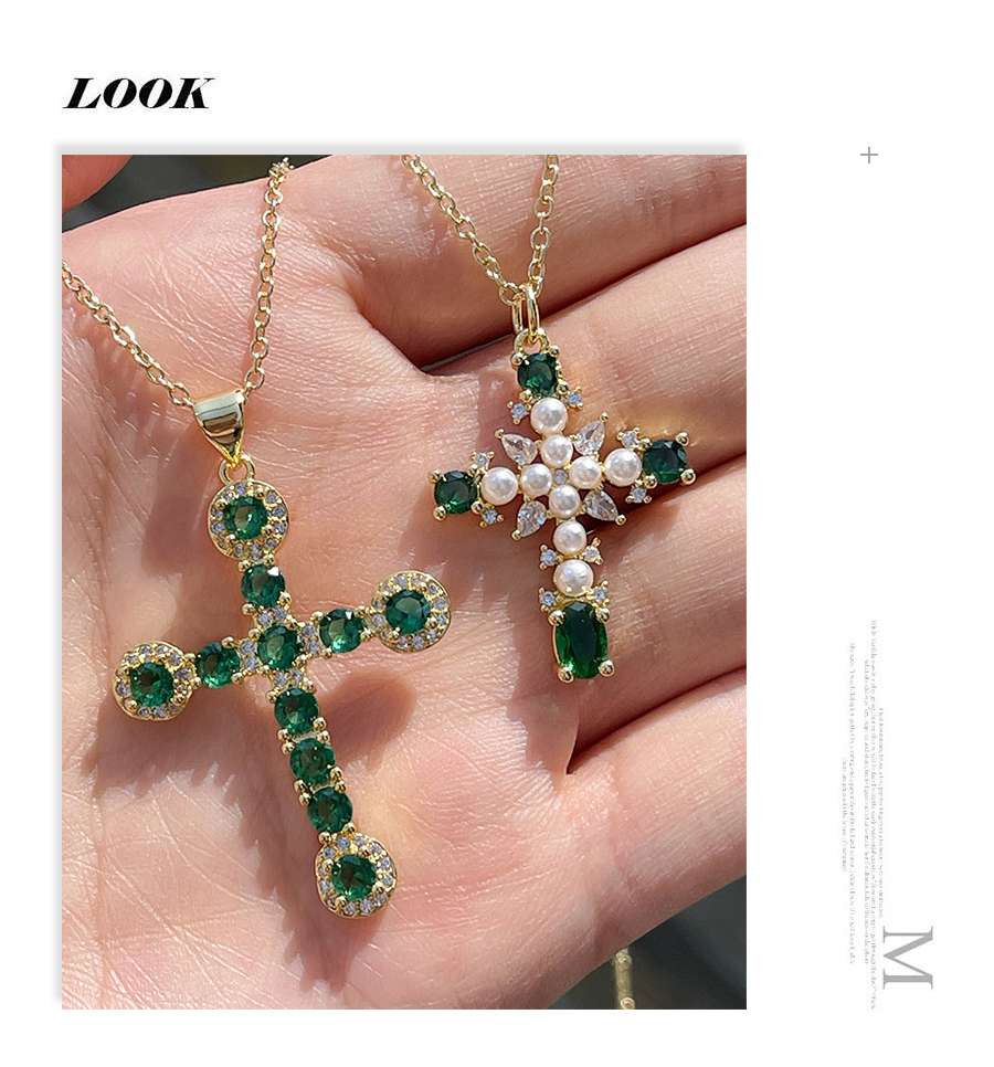 Fashion Dark Green Bronze Zircon Pearl Cross Pendant Necklace,Necklaces