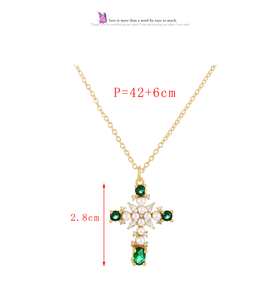 Fashion Dark Green Bronze Zircon Pearl Cross Pendant Necklace,Necklaces