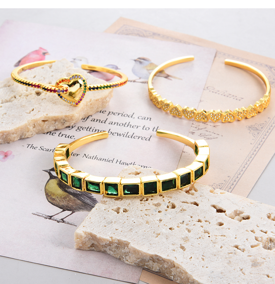 Fashion Gold-2 Bronze Zircon Heart Open Bracelet,Bracelets