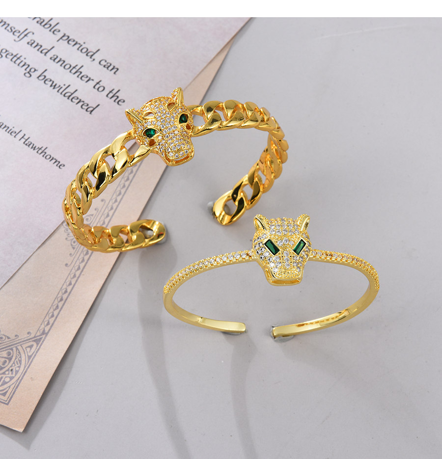 Fashion Gold Bronze Zircon Leopard Head Open Bracelet,Bracelets