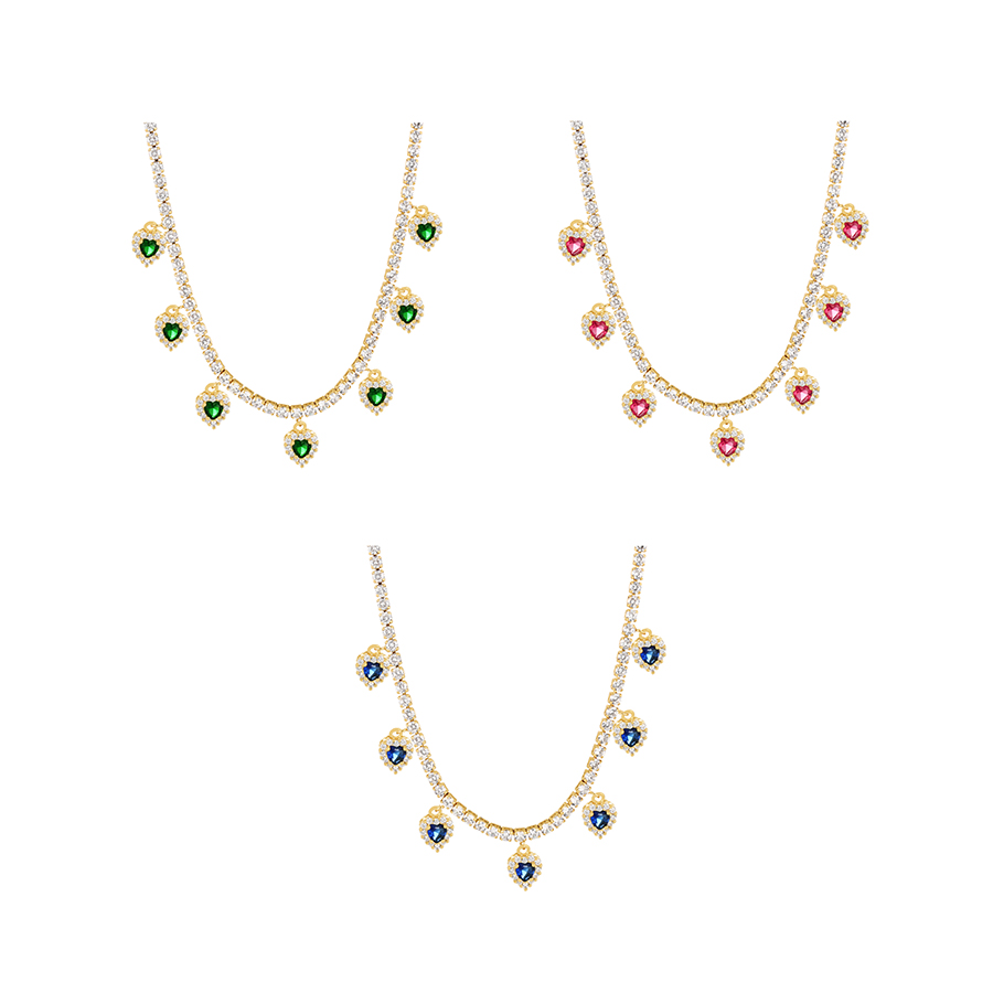 Fashion Navy Blue Bronze Zircon Heart Pendant Necklace (6 Pcs),Necklaces