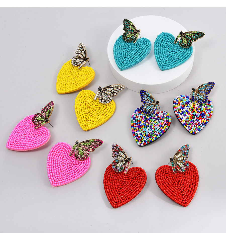 Fashion Yellow Alloy Diamond Butterfly Heart Bead Stud Earrings,Stud Earrings
