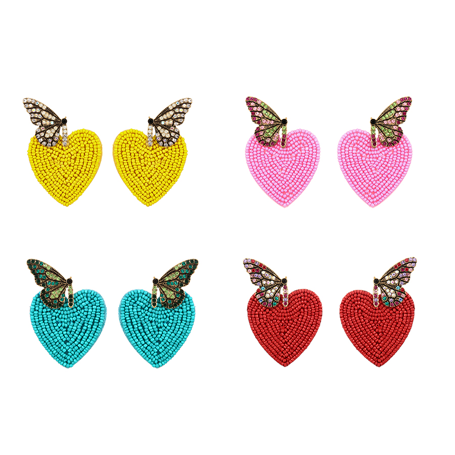 Fashion Pink Alloy Diamond Butterfly Heart Bead Stud Earrings,Stud Earrings