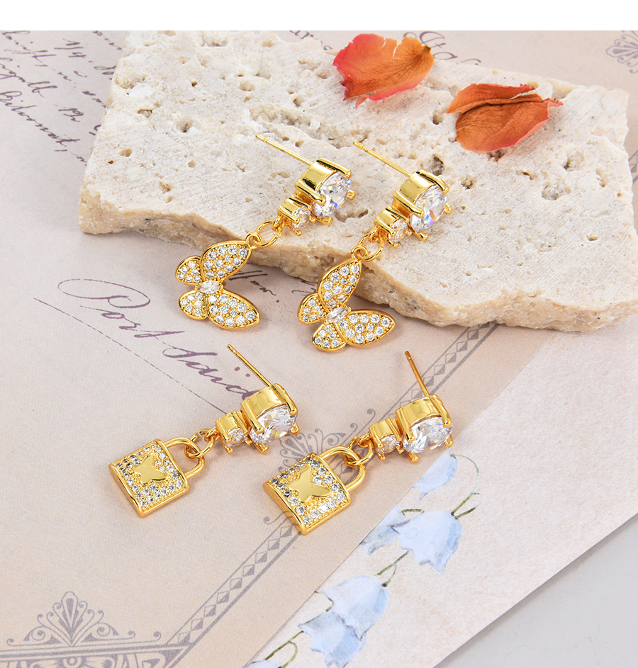 Fashion Gold-2 Bronze Zircon Butterfly Gold Lock Stud Earrings,Earrings