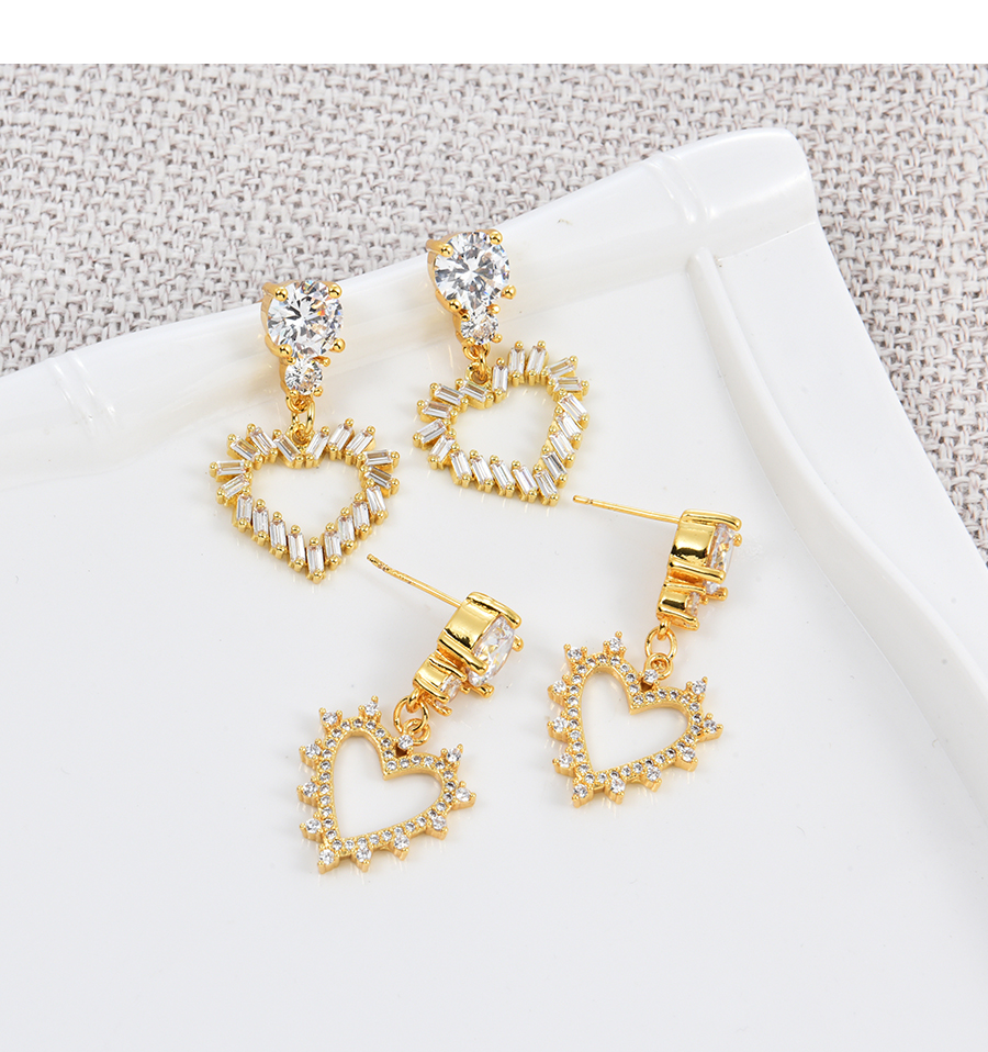 Fashion Gold-2 Copper Set Zircon Heart Stud Earrings,Earrings