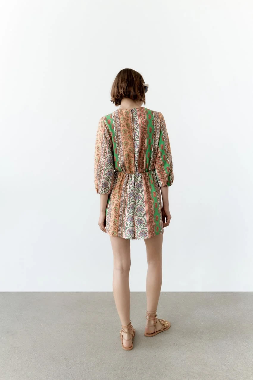 Fashion Green Geometric Print V-tie Dress,Mini & Short Dresses