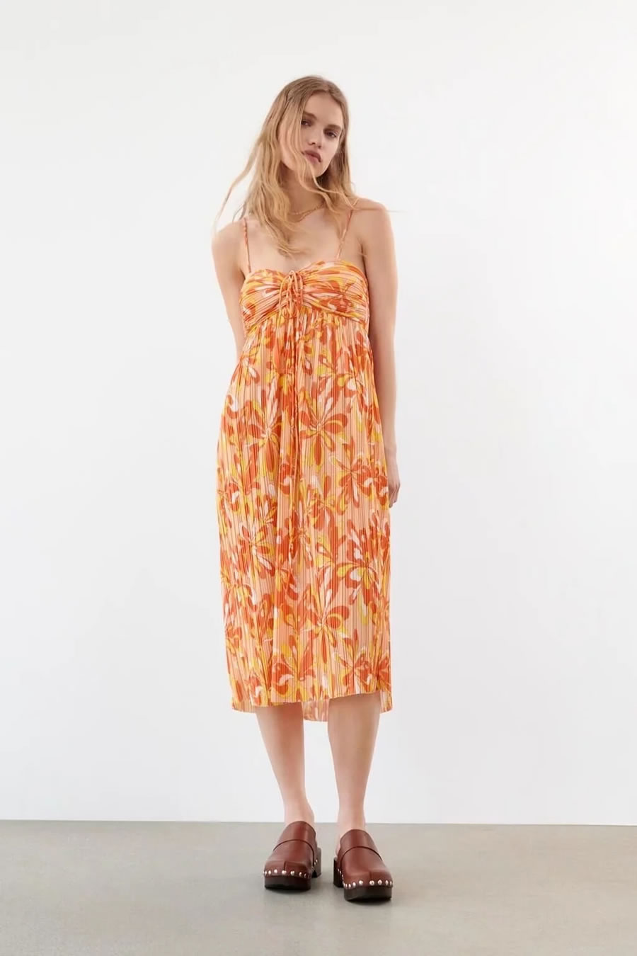 Fashion Orange Printed Pleated Slip Dress,Long Dress