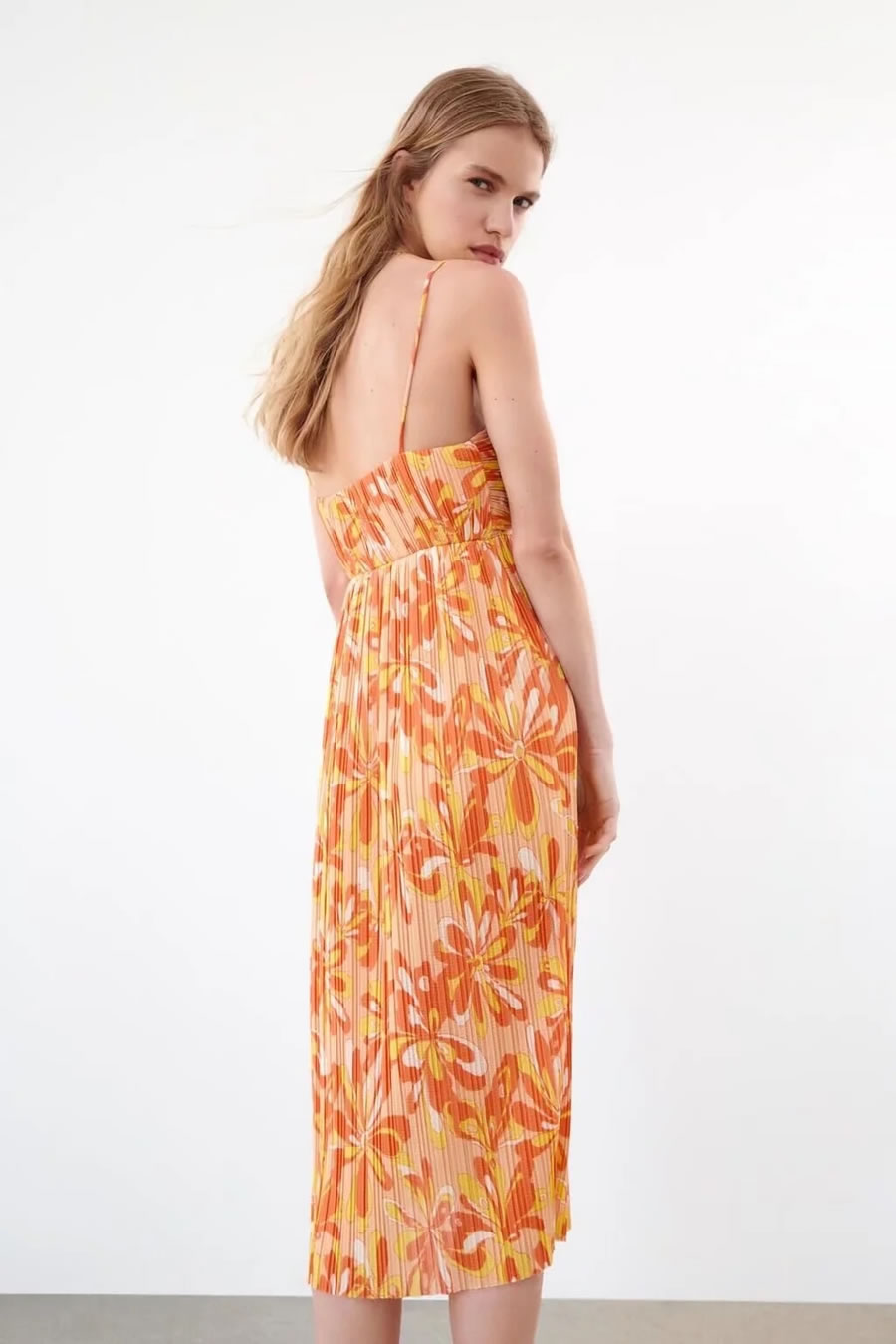 Fashion Orange Printed Pleated Slip Dress,Long Dress