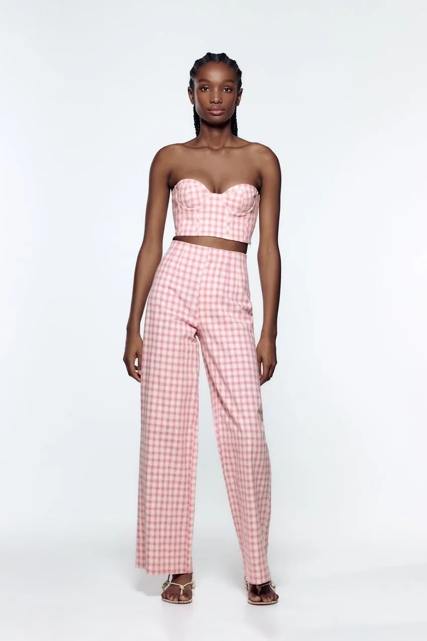 Fashion Pink Geometric Check Cropped Vest,Tank Tops & Camis