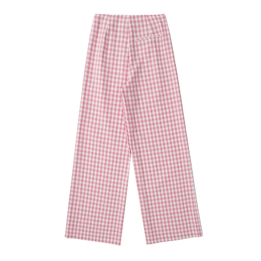 Fashion Pink Checked Straight-leg Trousers,Pants