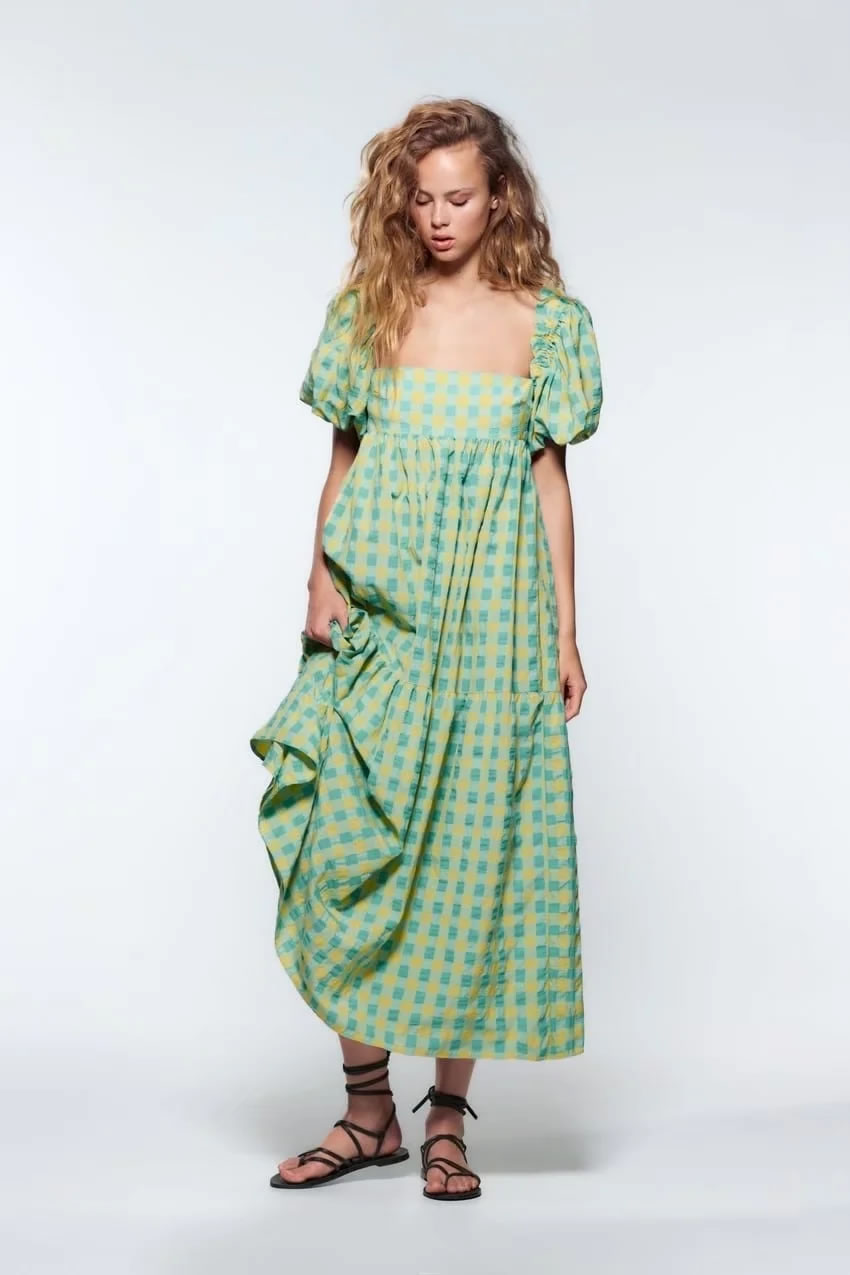 Fashion Green Check Print Dress,Long Dress
