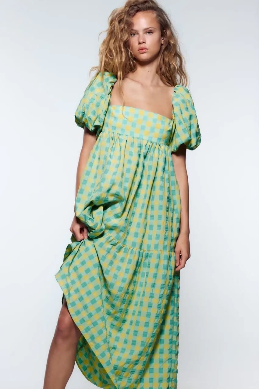 Fashion Green Check Print Dress,Long Dress