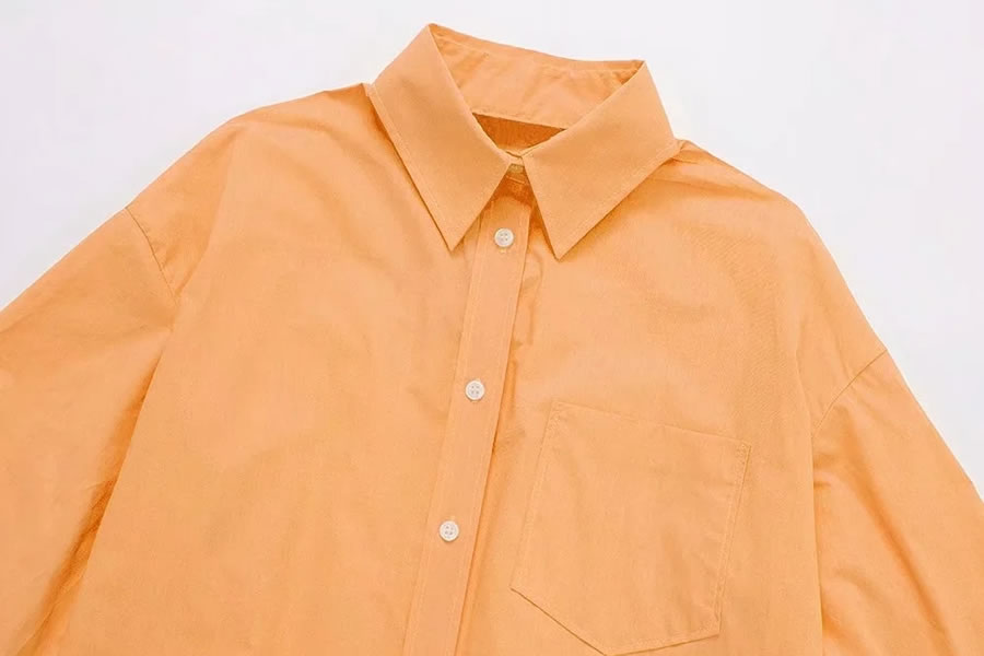 Fashion Orange Poplin Buttoned Lapel Shirt,Blouses