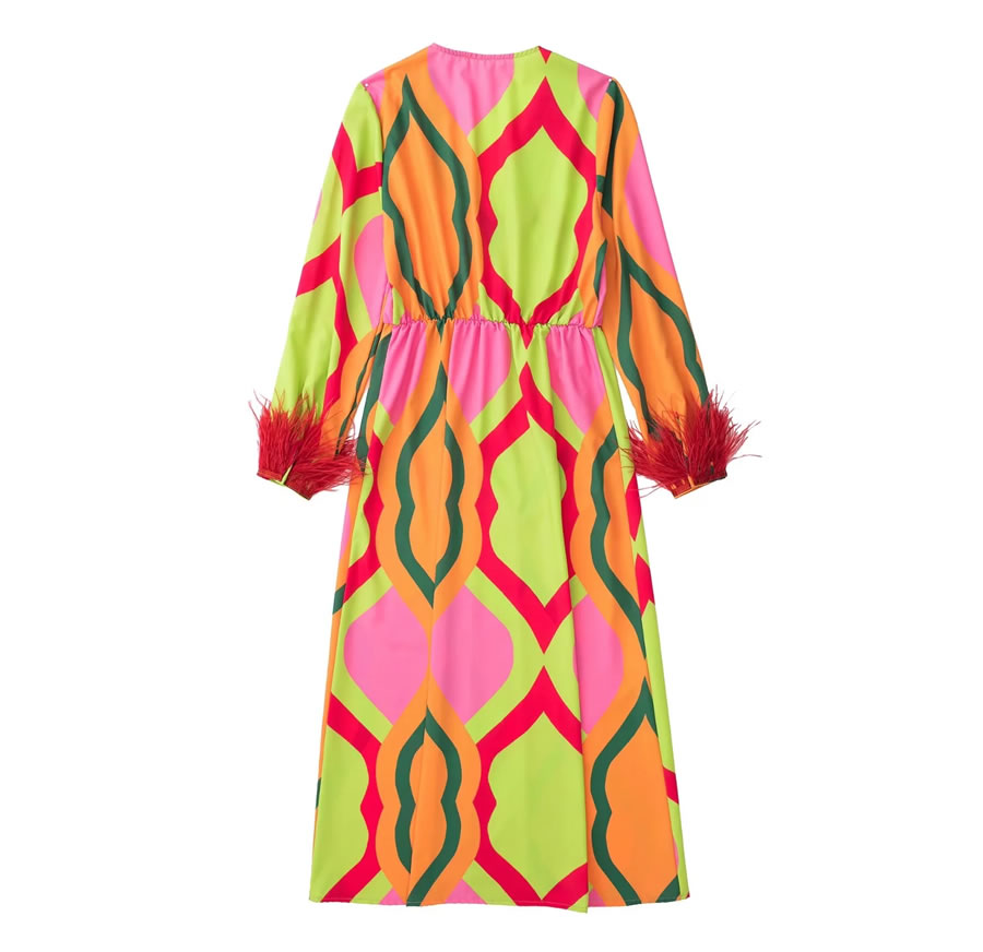 Fashion Color Printed Feather Sleeve Dress,Long Dress