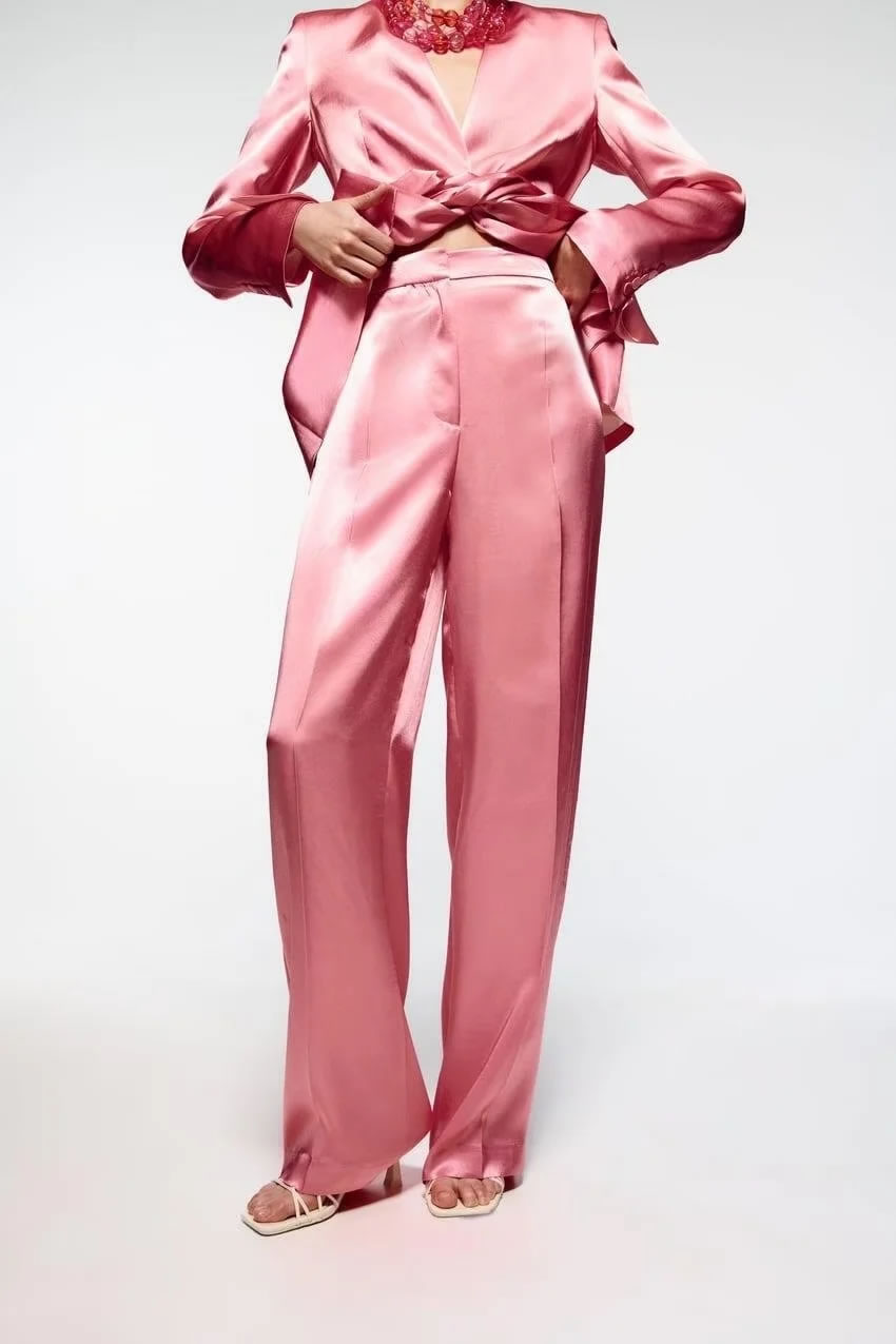 Fashion Pink Satin Straight-leg Trousers,Pants