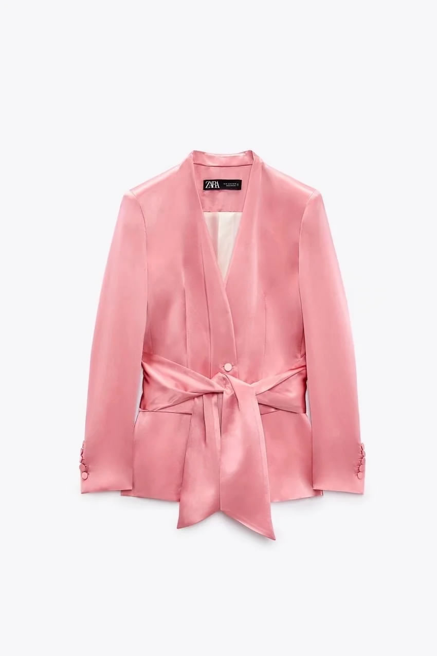 Fashion Pink Satin Lace-up Blazer,Coat-Jacket
