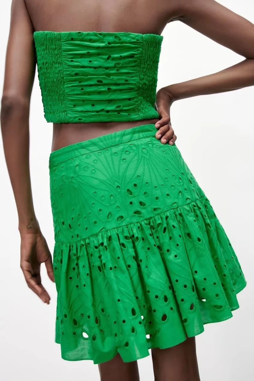Fashion Green Embroidered Ruffle Skirt,Skirts