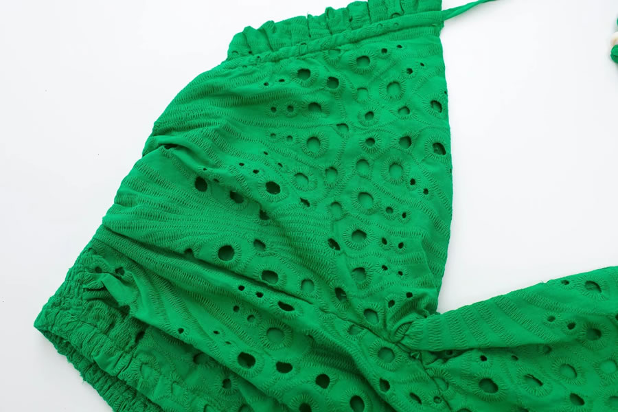 Fashion Green Perforated Embroidered Halterneck Lace-up Top,Tank Tops & Camis