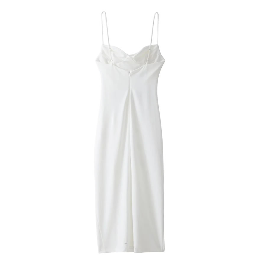 Fashion White Solid Color Drawstring Slip Dress,Long Dress