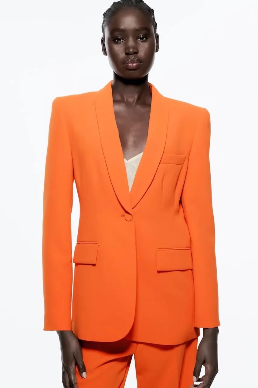 Fashion Orange Single-button Blazer With Geometric Pockets,Coat-Jacket