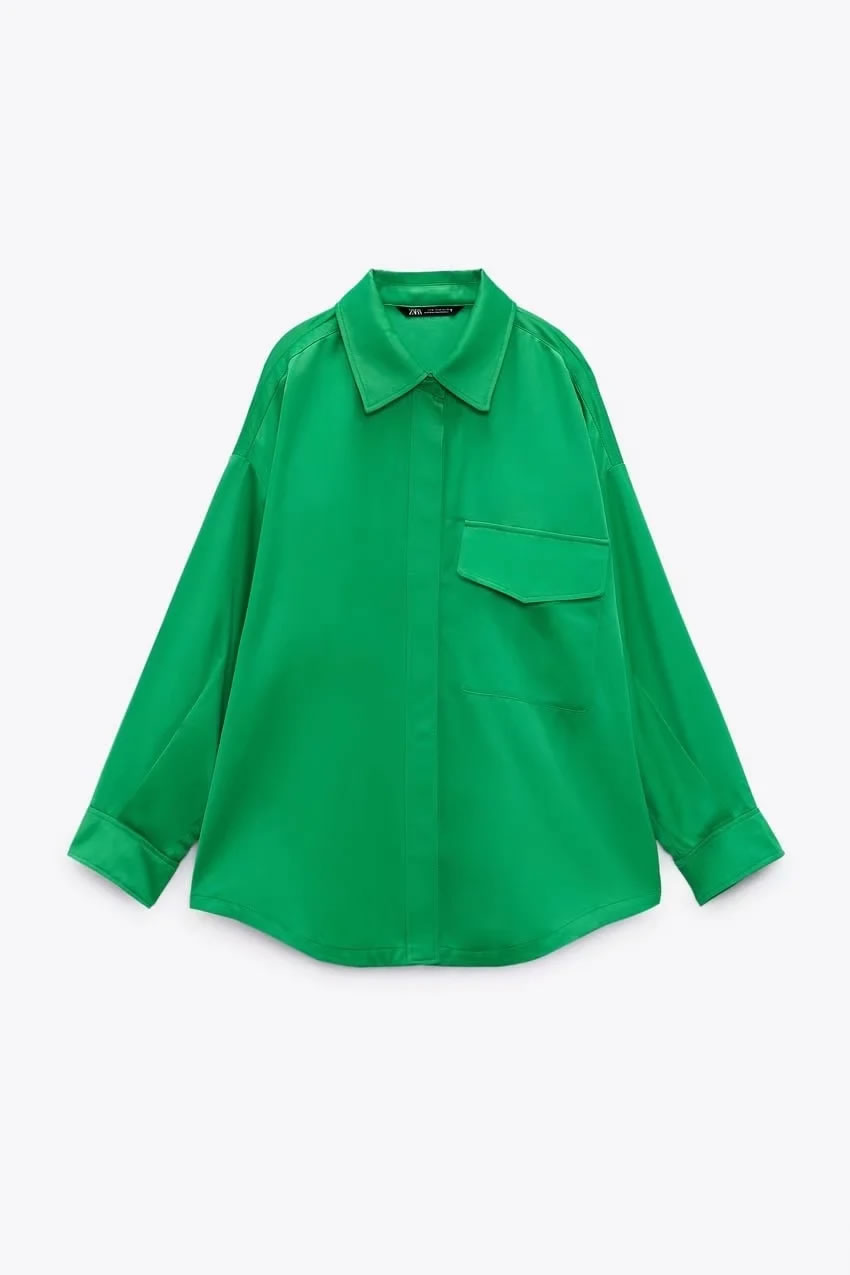 Fashion Green Silk-satin Button-up Shirt,Blouses