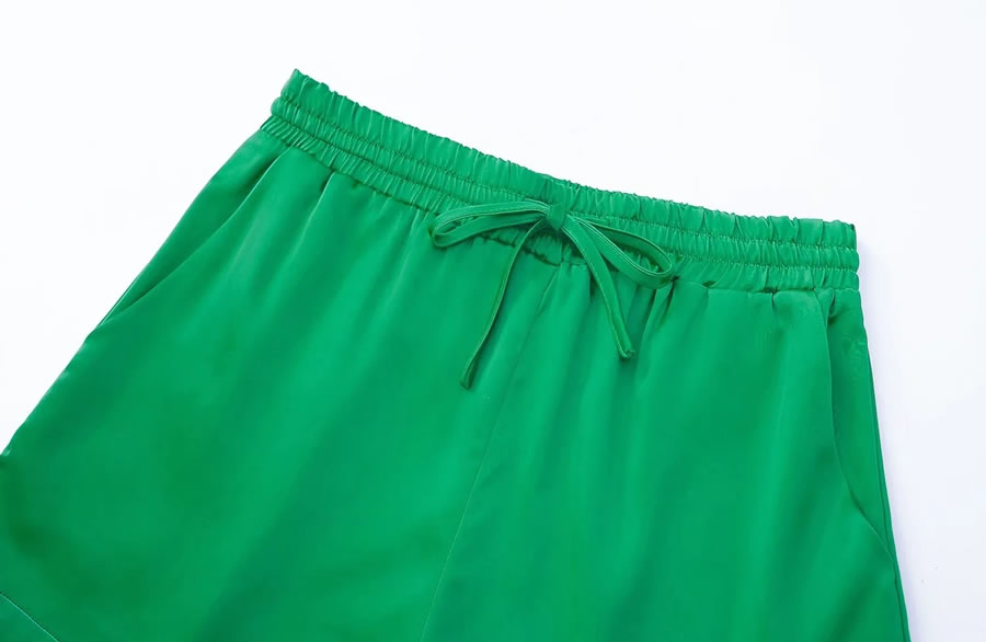 Fashion Green Silk-satin Lace-up Elastic Shorts,Shorts