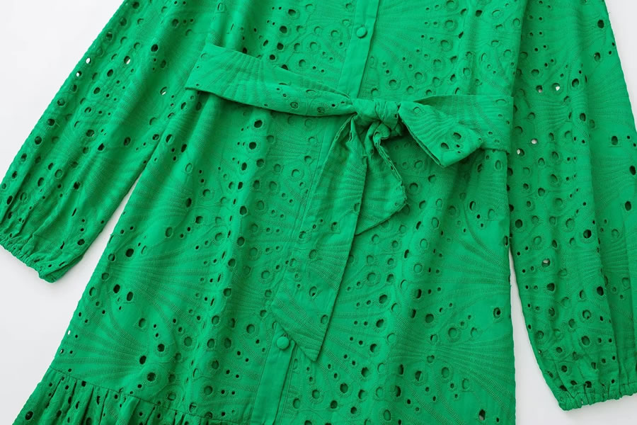 Fashion Green Cutout Embroidered Lace-up Dress,Long Dress