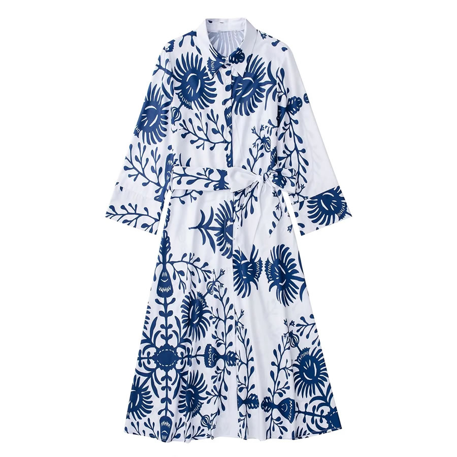 Fashion Blue Geometric Print Lace-up Dress,Long Dress