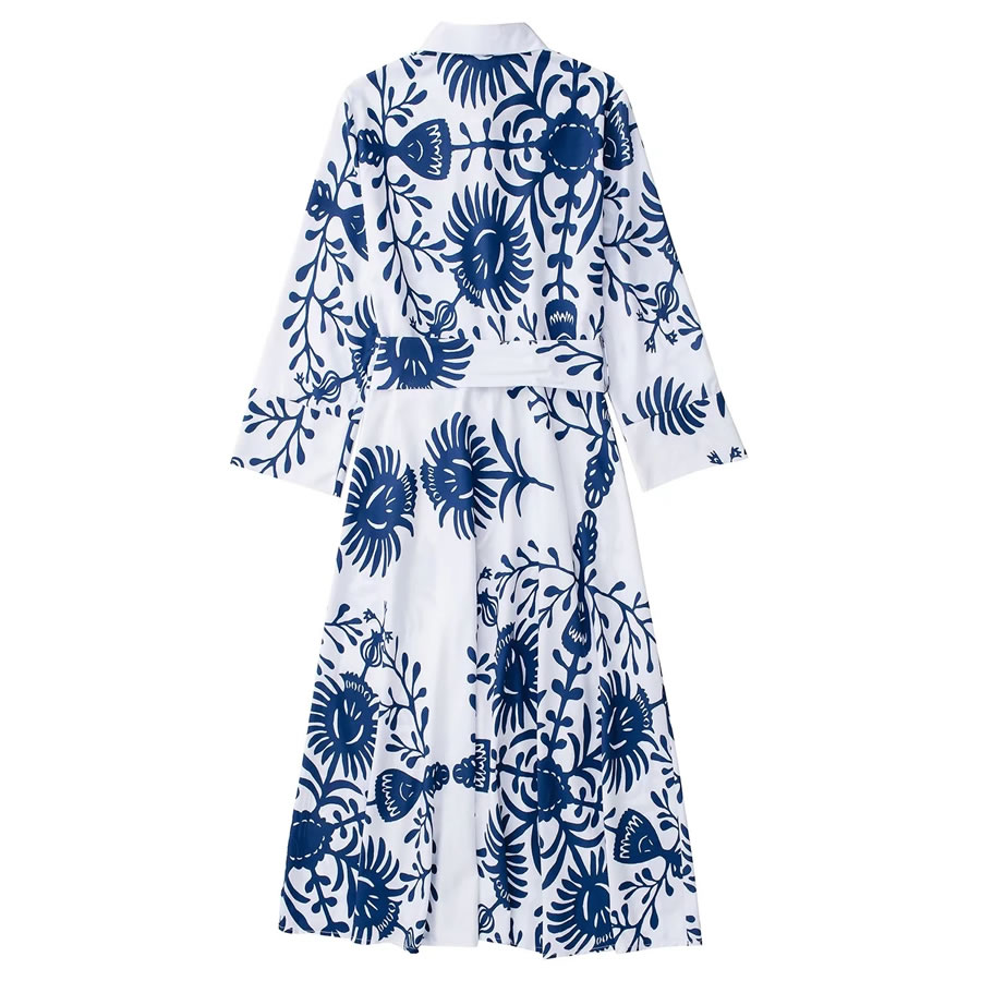 Fashion Blue Geometric Print Lace-up Dress,Long Dress