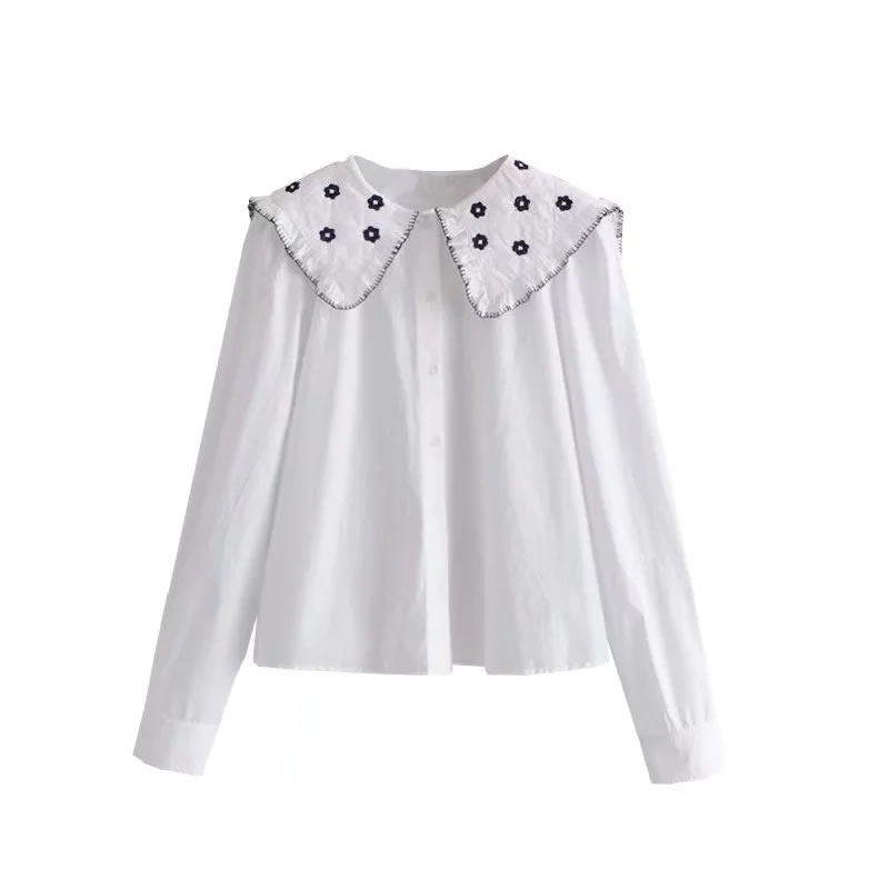 Fashion White Cotton Embroidered Collar Button-up Shirt,Blouses