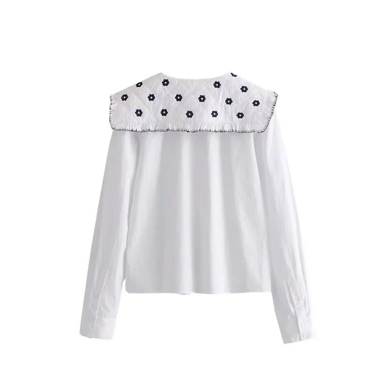 Fashion White Cotton Embroidered Collar Button-up Shirt,Blouses