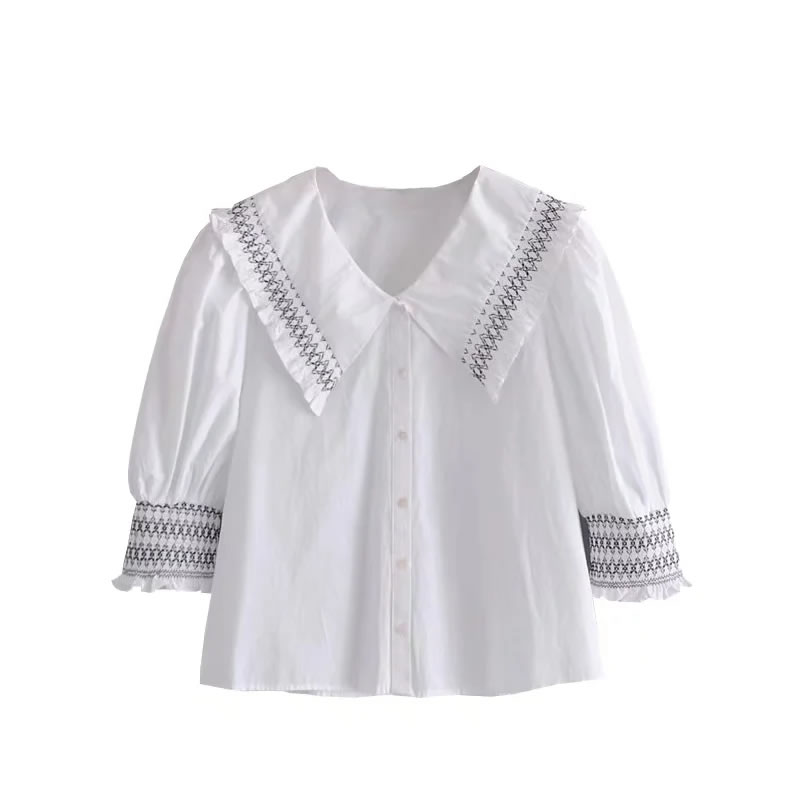 Fashion White Honeycomb Puff-sleeve Button-down Shirt,Blouses