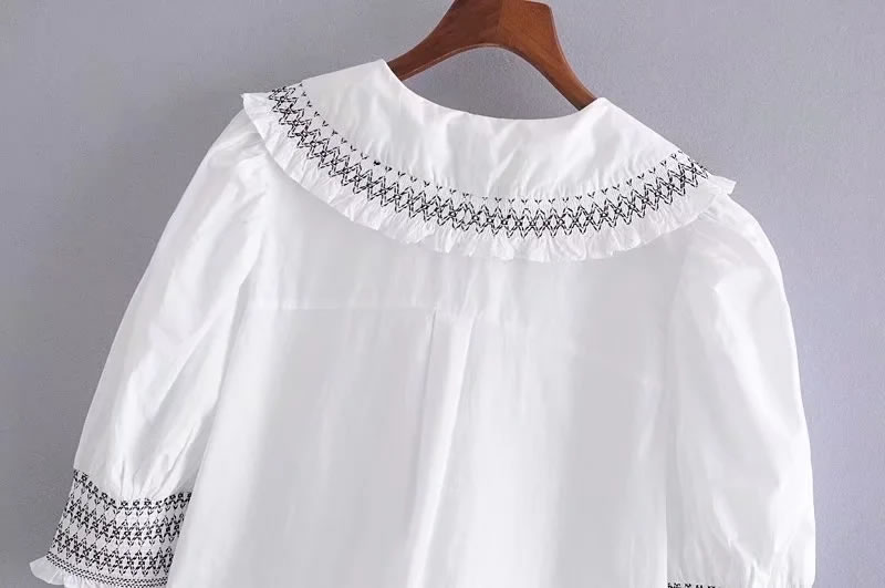 Fashion White Honeycomb Puff-sleeve Button-down Shirt,Blouses