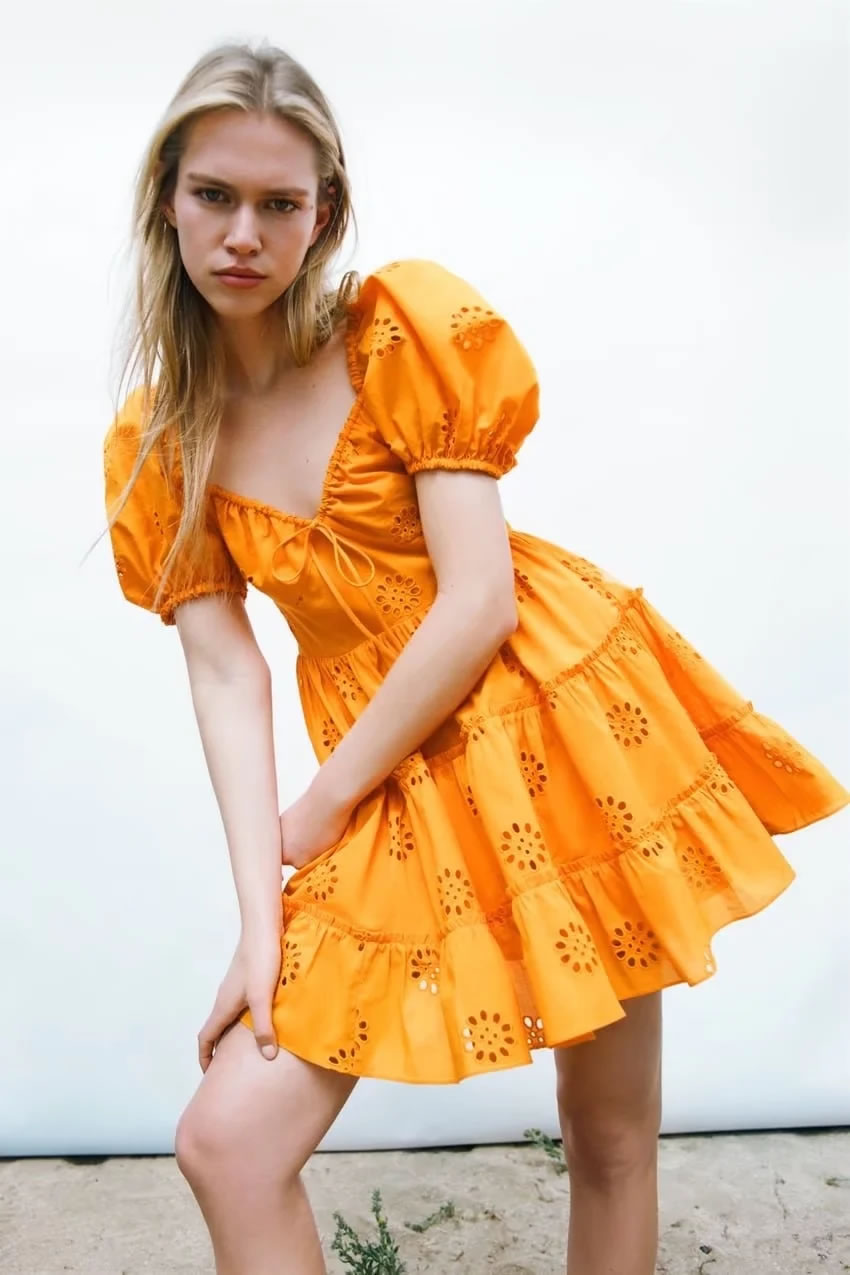 Fashion Yellow Cutout Embroidered Dress,Mini & Short Dresses