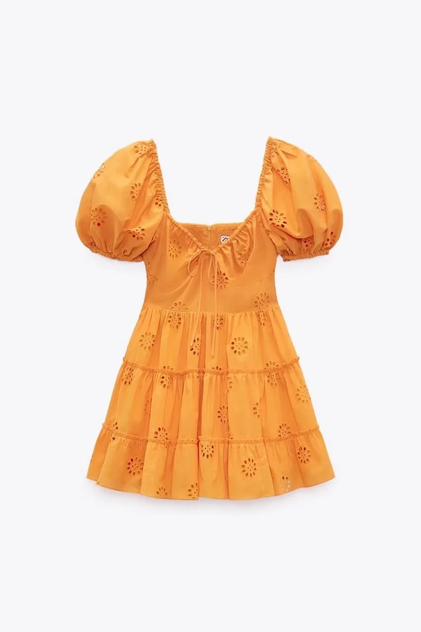 Fashion Yellow Cutout Embroidered Dress,Mini & Short Dresses