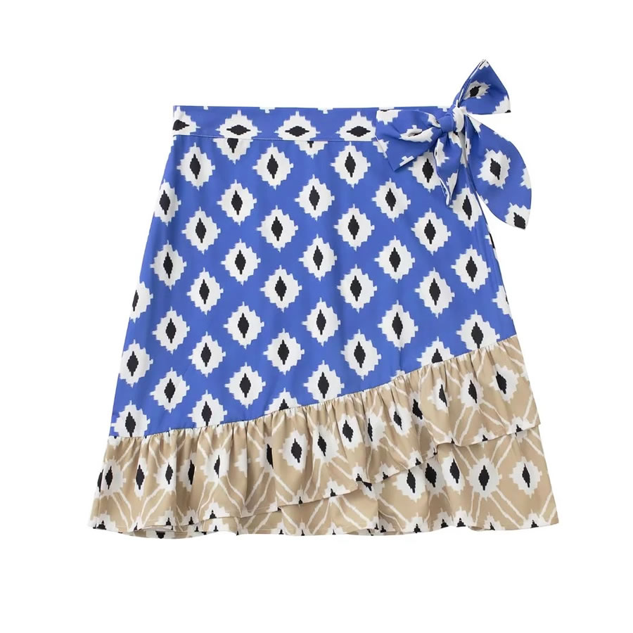 Fashion Blue Printed Lace-up Sarong Skirt,Skirts