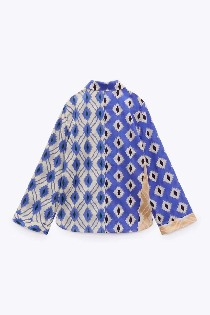 Fashion Blue Geometric Print Button-up Shirt,Blouses