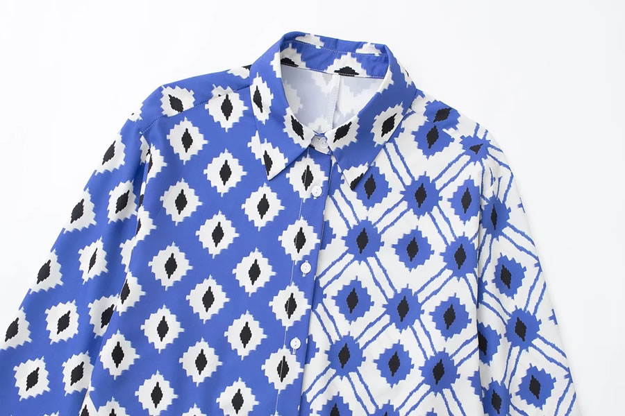 Fashion Blue Geometric Print Button-up Shirt,Blouses