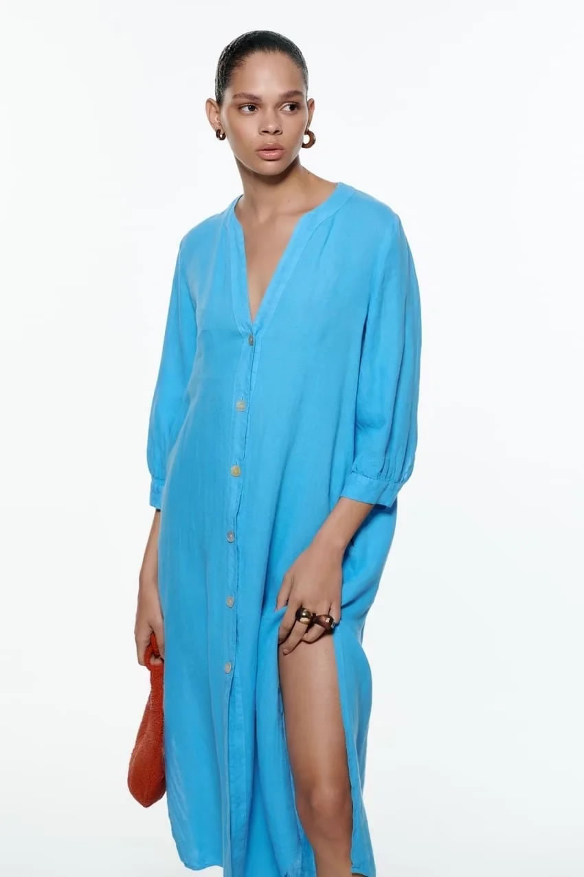 Fashion Khaki Linen V-neck Button-down Dress,Long Dress
