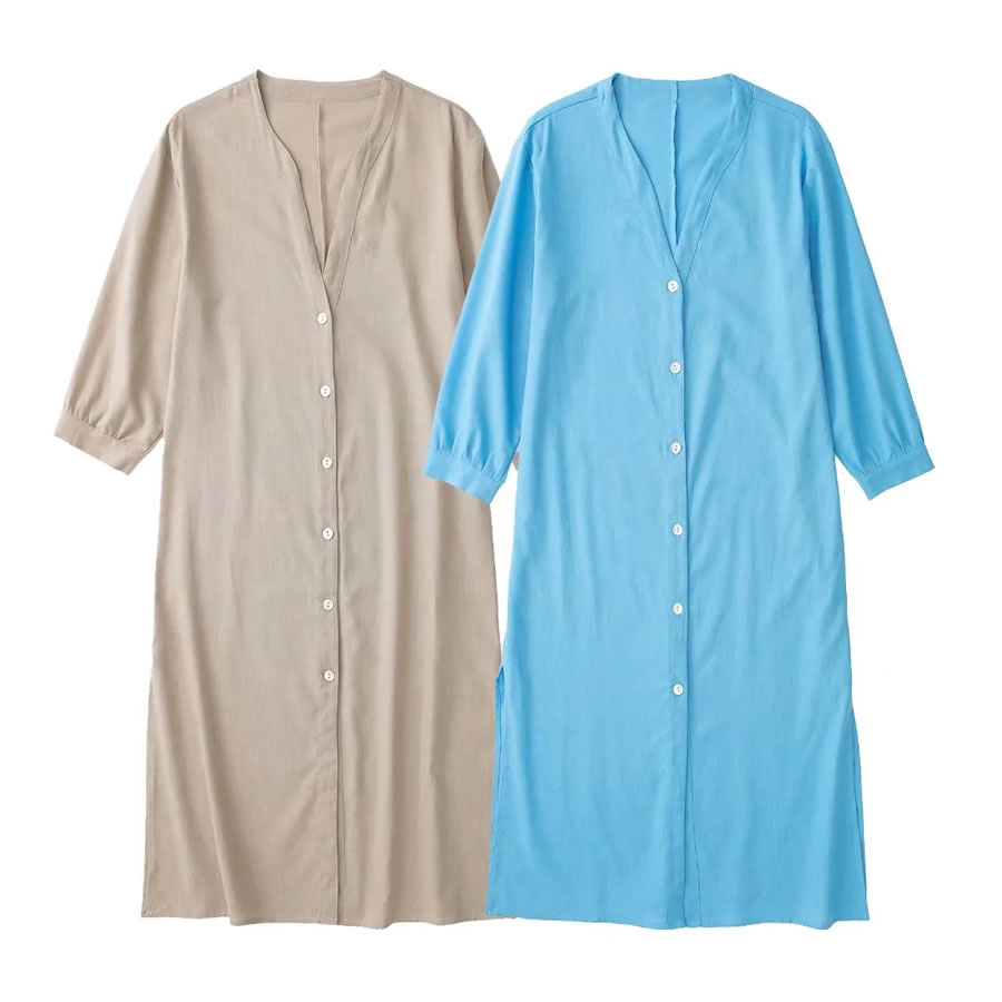 Fashion Khaki Linen V-neck Button-down Dress,Long Dress