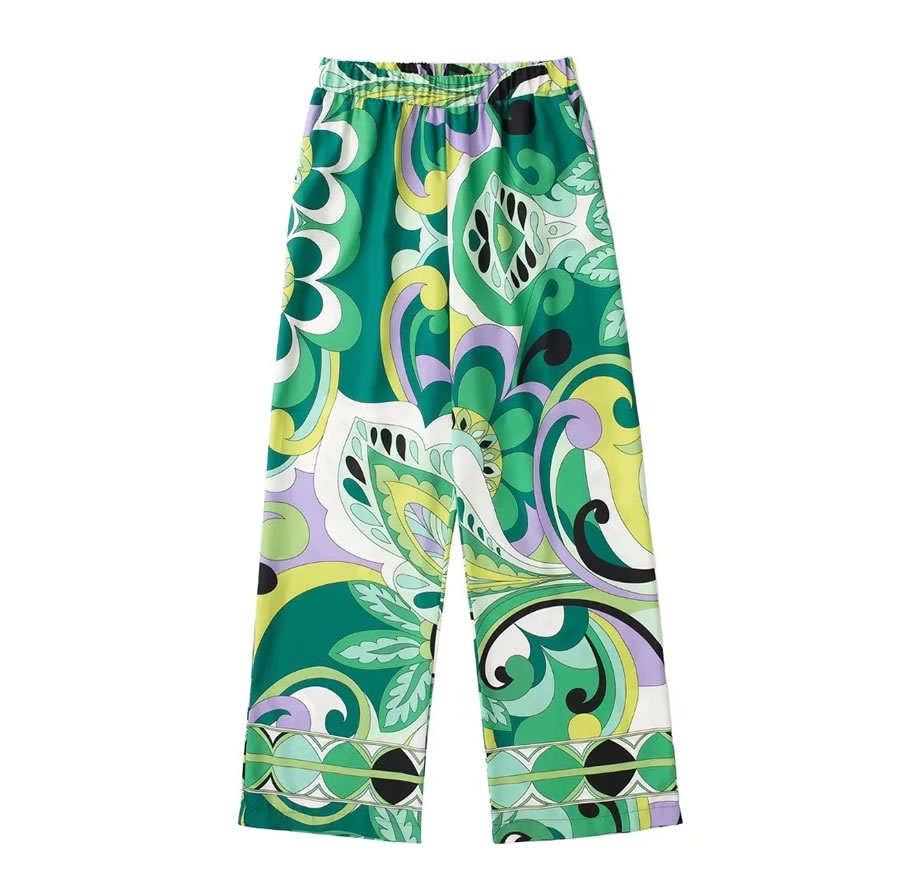 Fashion Green Geometric Print Elasticated Straight-leg Trousers,Pants