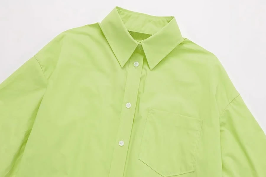 Fashion Green Poplin Buttoned Lapel Shirt,Blouses