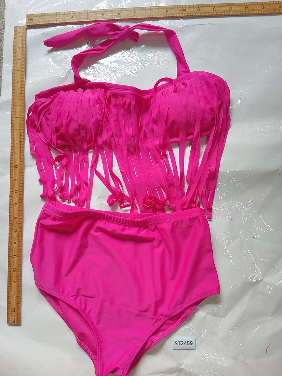 Fashion Rose Red Halterneck Fringed High-waisted Swimsuit,Bikini Sets