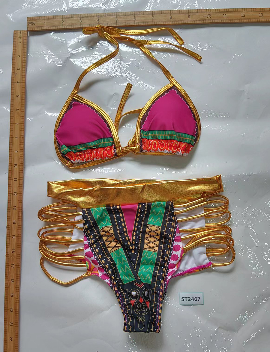 Fashion Gold Halterneck Tie Print Cutout Swimsuit,Bikini Sets